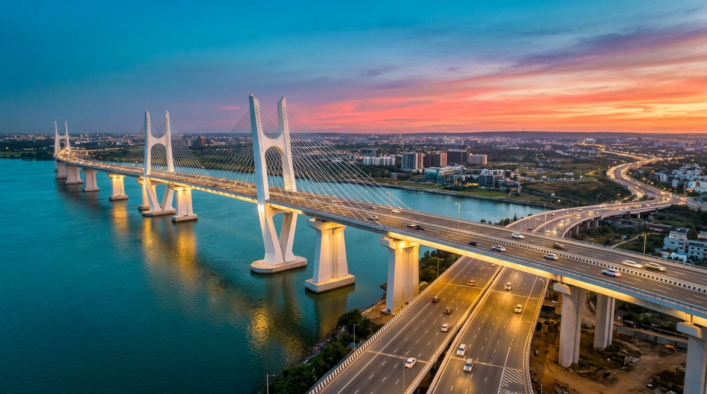Modern cable-stayed expressway bridge over a turquoise river beneath a vivid sunset